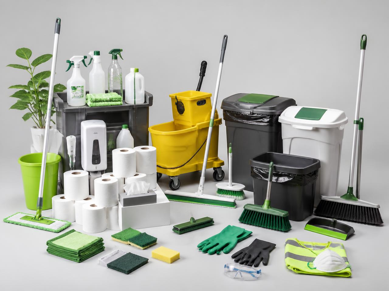 Wide range of housekeeping supplies — mops, wringer trolley, cleaning chemicals, tissue rolls, soap dispensers, waste bins, brooms, scrubbers and safety gloves